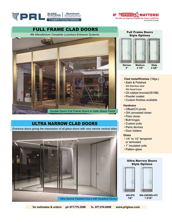 PRL’s Aluminum Full Framed Clad Doors & Ultra Narrow Clad Doors.