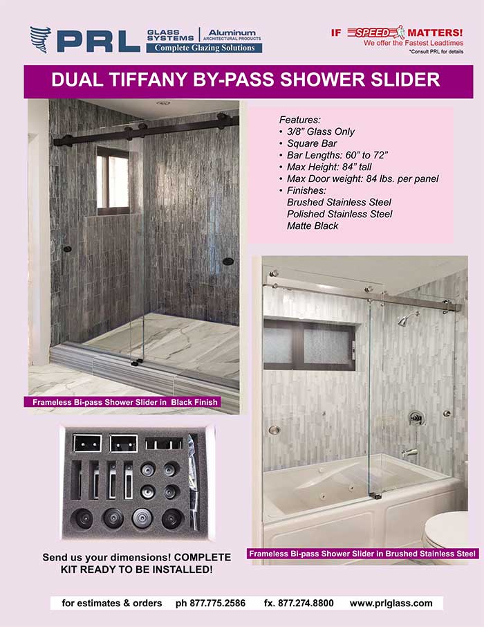 Get Dual Bypass Shower Door Sliders at PRL. New Tiffany Frameless Shower Systems!